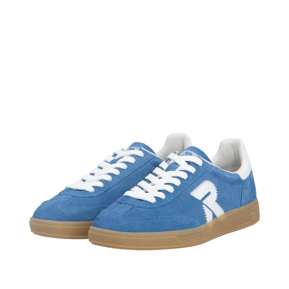 Light blue suede lace-up trainers with white accents, beige sole, and stylish design for women.