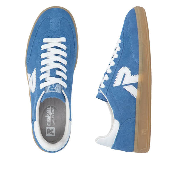 Blue suede lace-up trainers with white accents, tan sole, and wide fit for women.