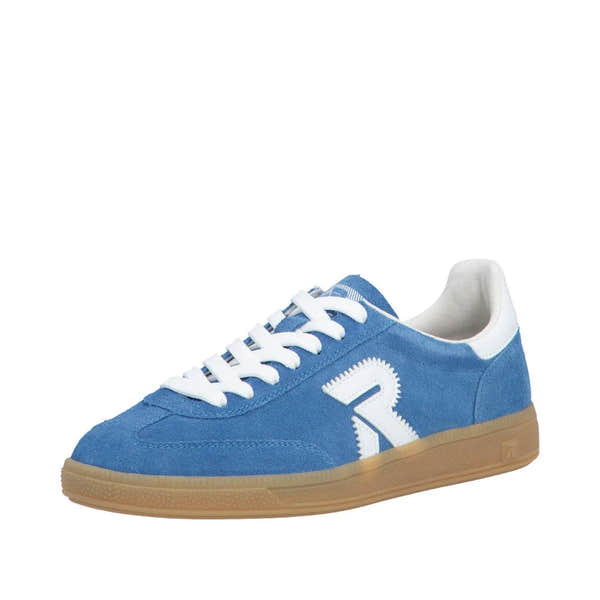 Light blue suede lace-up trainers with white accents and a tan rubber sole.