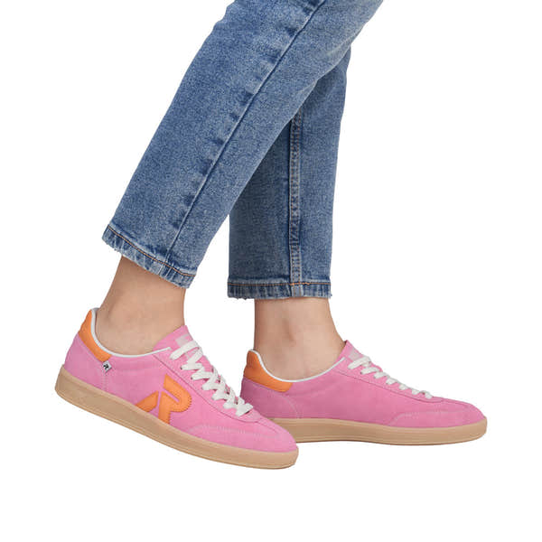 Rieker W2200-31 women's wide fit pink and orange suede lace-up trainers, casual sneakers, stylish and comfortable footwear.