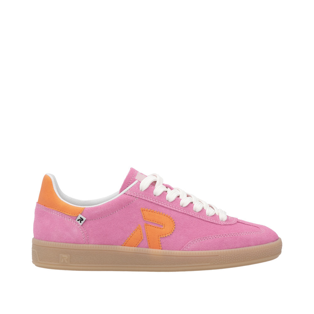 Rieker W2200-31 women's pink and orange suede lace-up trainers with beige sole.