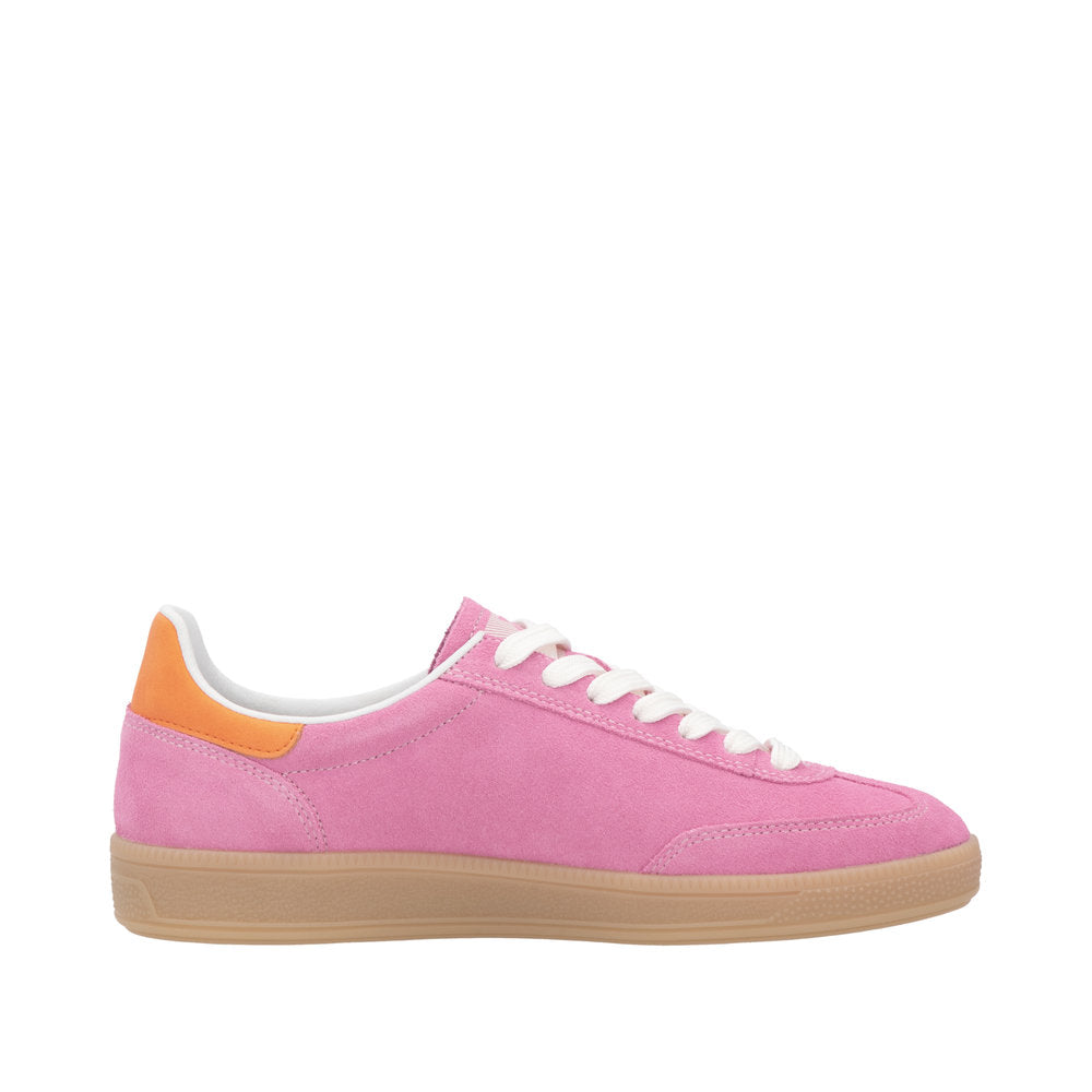 Rieker W2200-31 women's wide pink and orange suede lace-up trainers with beige rubber sole.