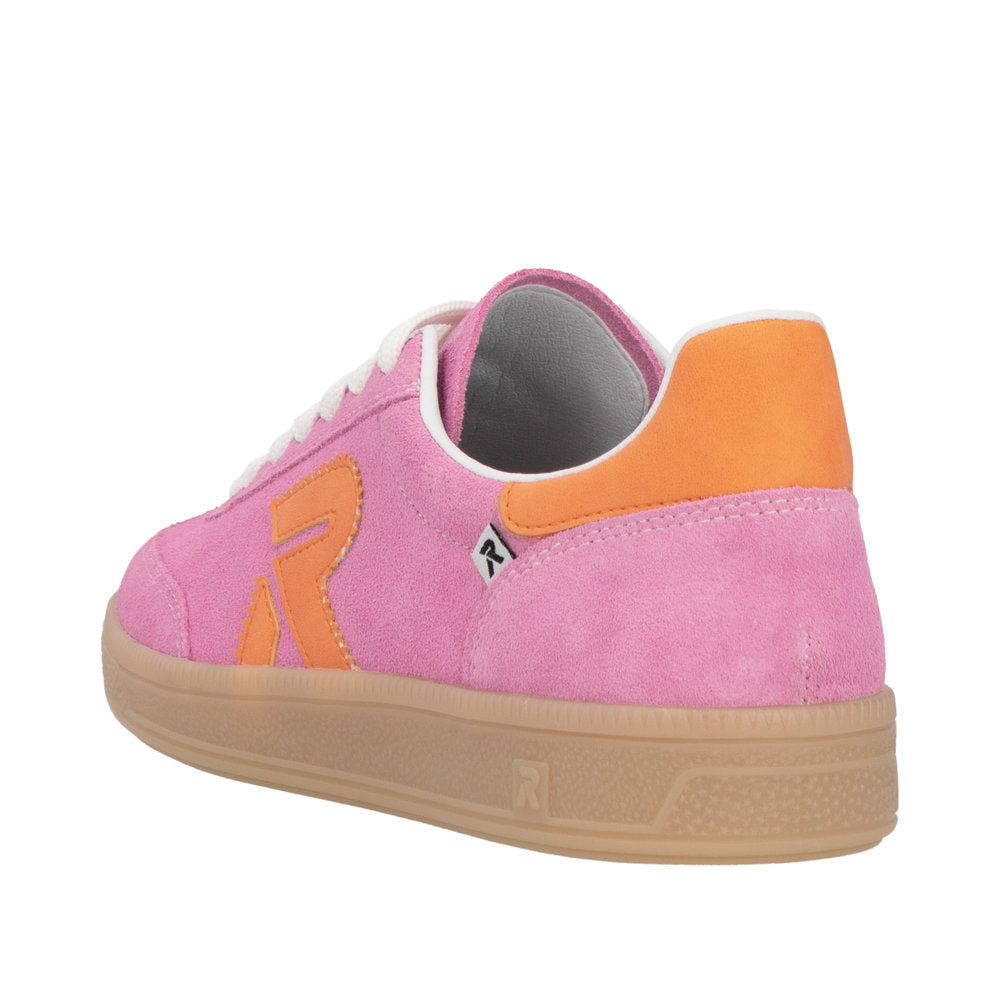 Rieker W2200-31 ladies wide pink and orange suede lace-up trainers, casual sporty footwear with beige sole.