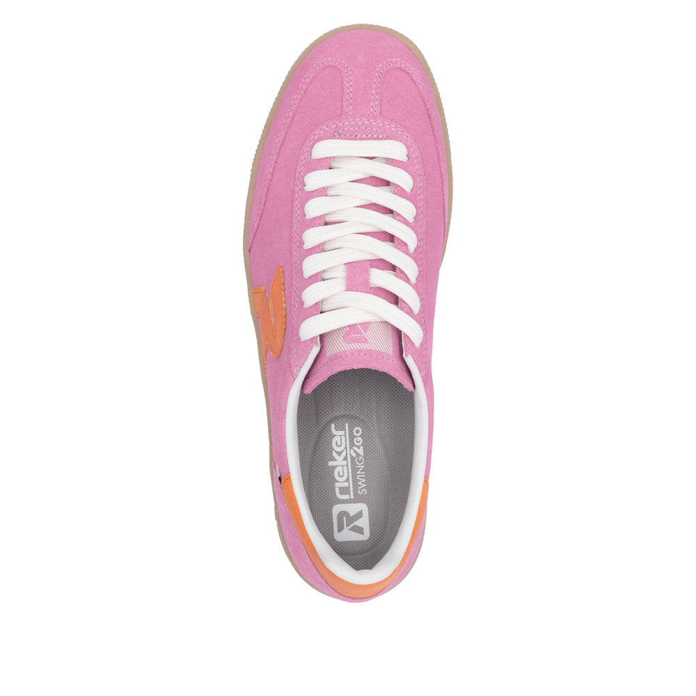 Rieker W2200-31 ladies wide pink and orange suede lace-up trainers, casual sporty footwear with white laces and cushioned interior.