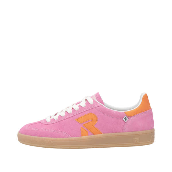 Rieker W2200-31 ladies wide fit pink and orange suede lace-up trainers with rubber soles.