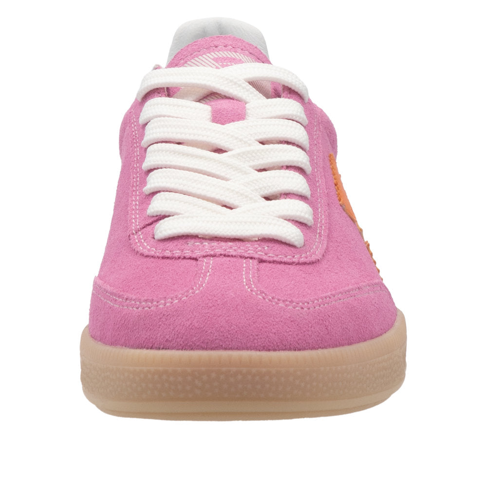 Rieker W2200-31 women's wide fit pink and orange suede lace-up trainers with white laces and beige sole.