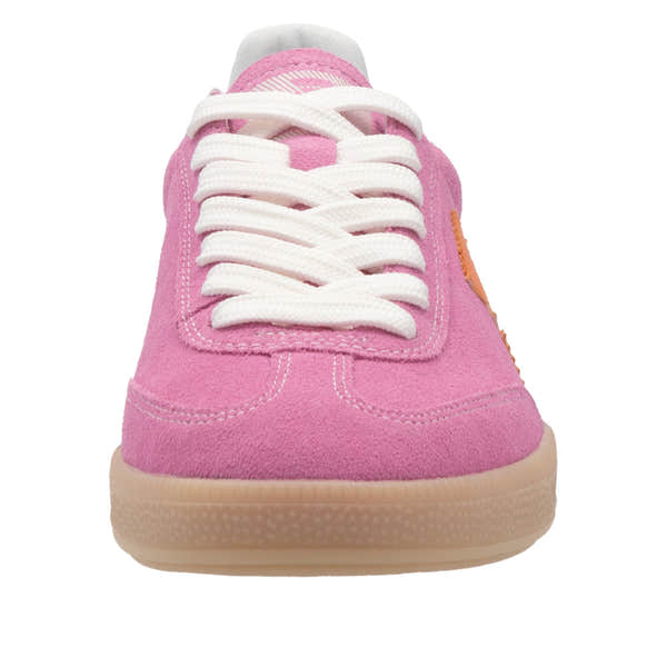 Rieker W2200-31 women's wide fit pink and orange suede lace-up trainers with white laces and beige sole.