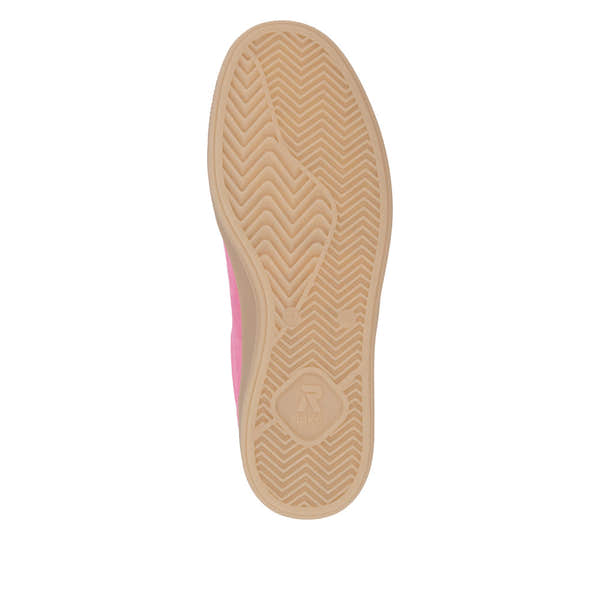 Rieker W2200-31 ladies wide-fit pink and orange suede lace-up trainers with beige rubber soles.