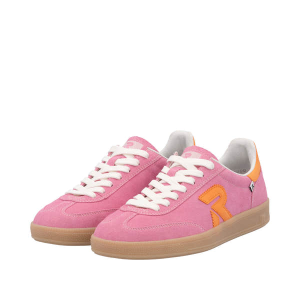 Rieker W2200-31 women's wide fit pink and orange suede lace-up trainers with gum sole.