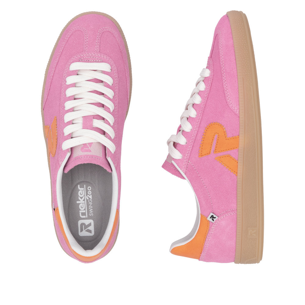 Rieker W2200-31 women's wide pink and orange suede lace-up trainers with beige rubber soles.