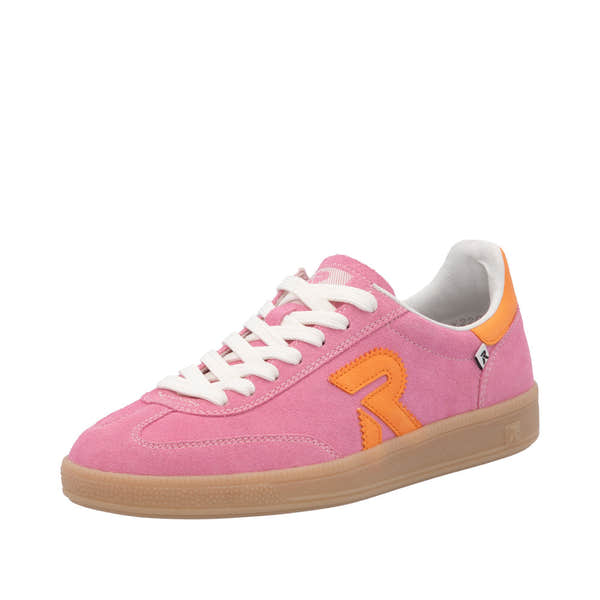 Rieker W2200-31 women's wide pink and orange suede lace-up trainers with beige sole.