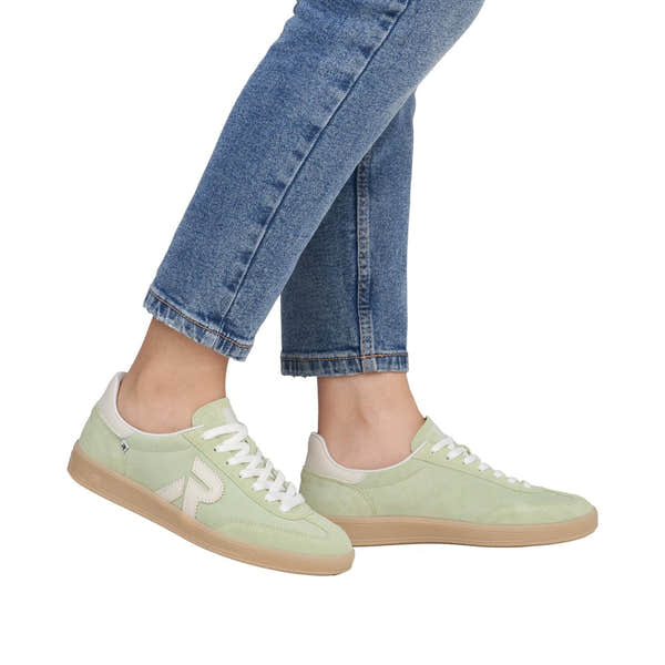 Rieker W2200-52 women's wide-fit green and off-white suede lace-up trainers with tan soles.