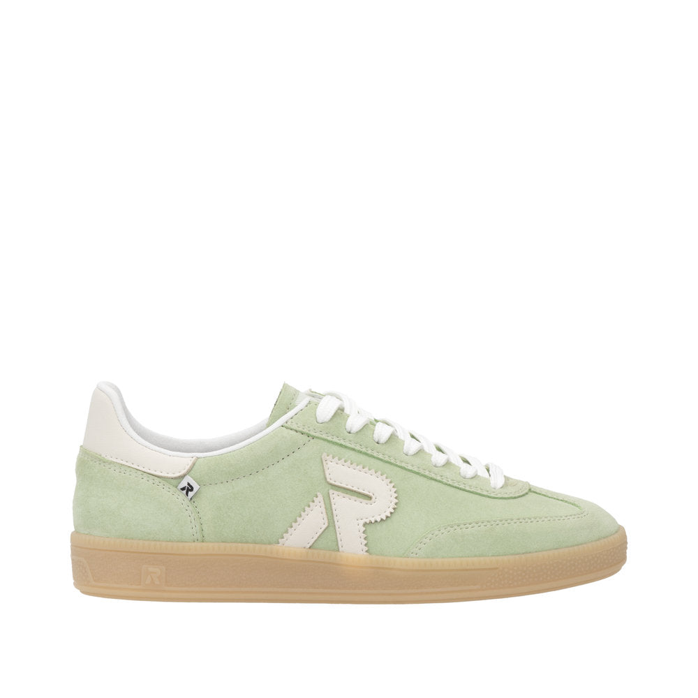 Rieker W2200-52 women's wide fit green and off-white suede lace-up trainers, casual athletic shoes with gum sole.