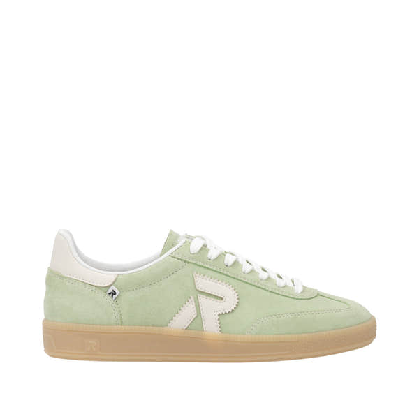 Rieker W2200-52 women's wide fit green and off-white suede lace-up trainers, casual athletic shoes with gum sole.