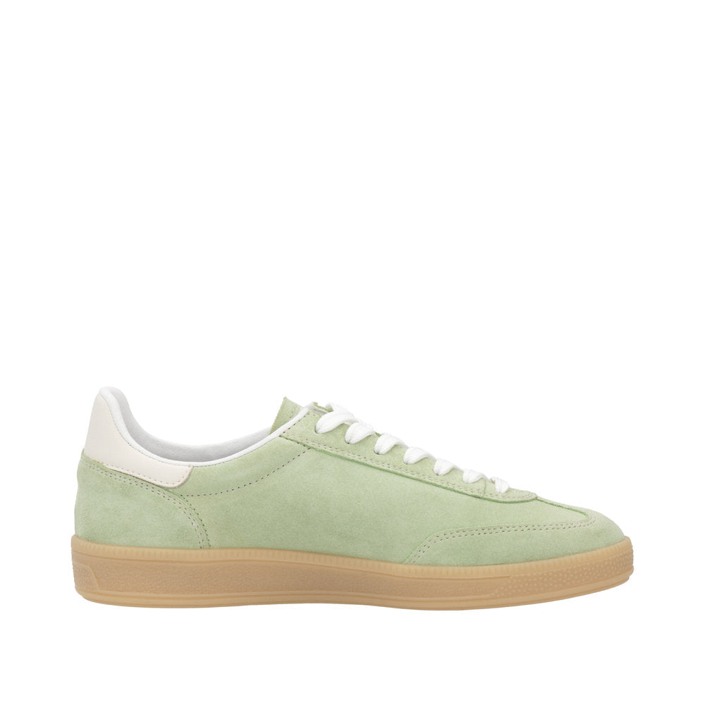 Rieker W2200-52 ladies wide fit green and off-white suede lace-up trainers, casual sneakers with gum sole.