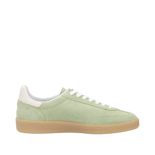 Rieker W2200-52 ladies wide fit green and off-white suede lace-up trainers, casual sneakers with gum sole.