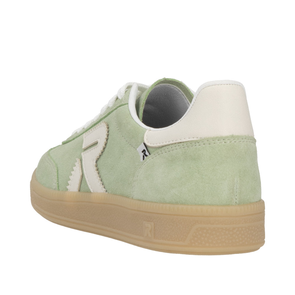 Rieker W2200-52 women's wide-fit green and off-white suede lace-up trainers with gum sole detail.