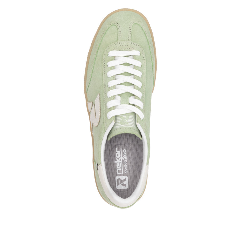 Rieker W2200-52 Ladies wide fit green and off-white suede lace-up trainers with cushioned interior and gum sole.