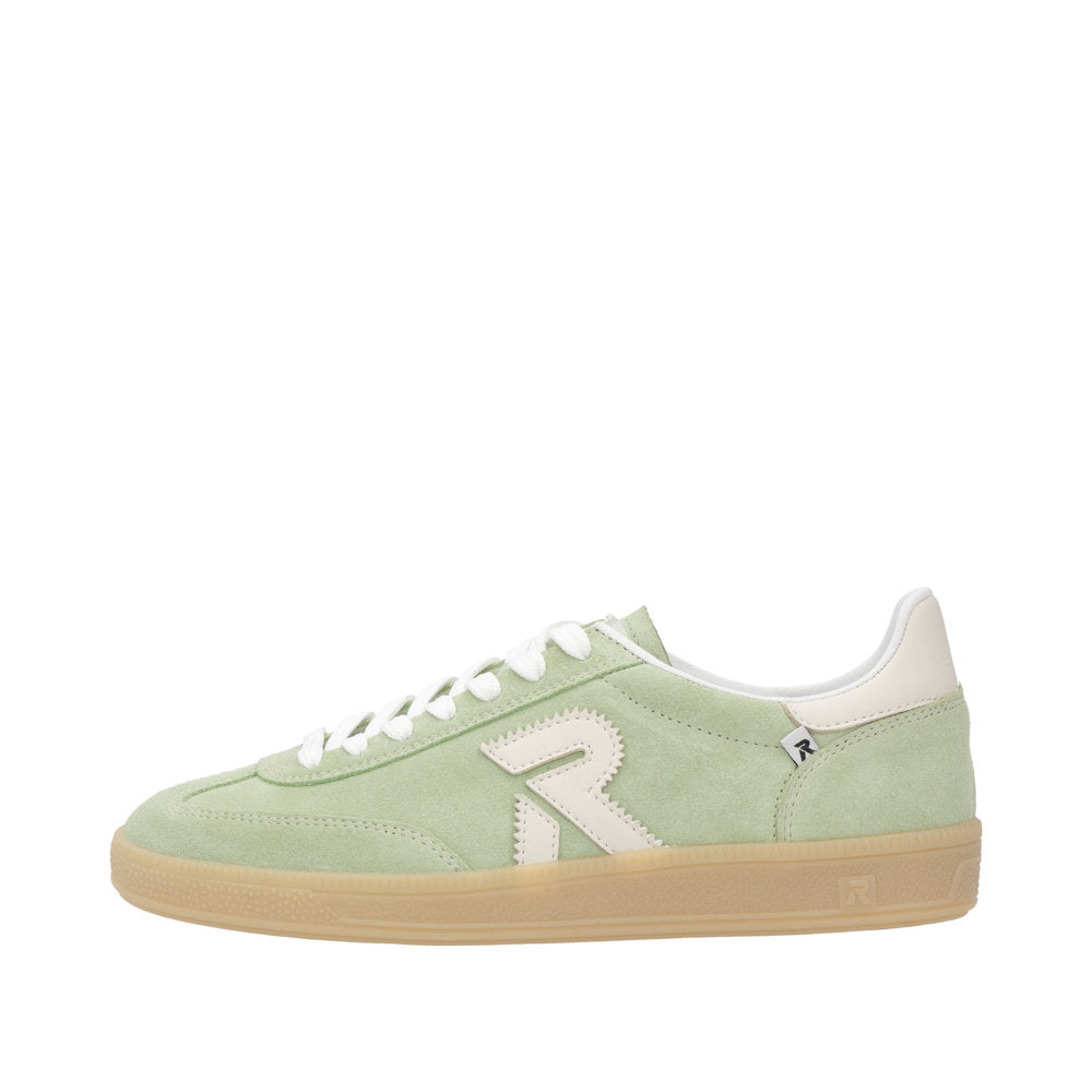 Rieker W2200-52 ladies wide fit green and off-white suede lace-up trainers with beige sole.