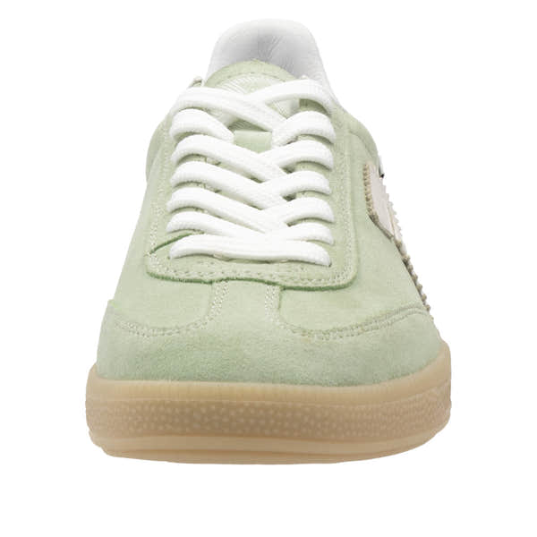 Rieker W2200-52 women's wide-fit green and off-white suede lace-up trainers with a comfortable sole.