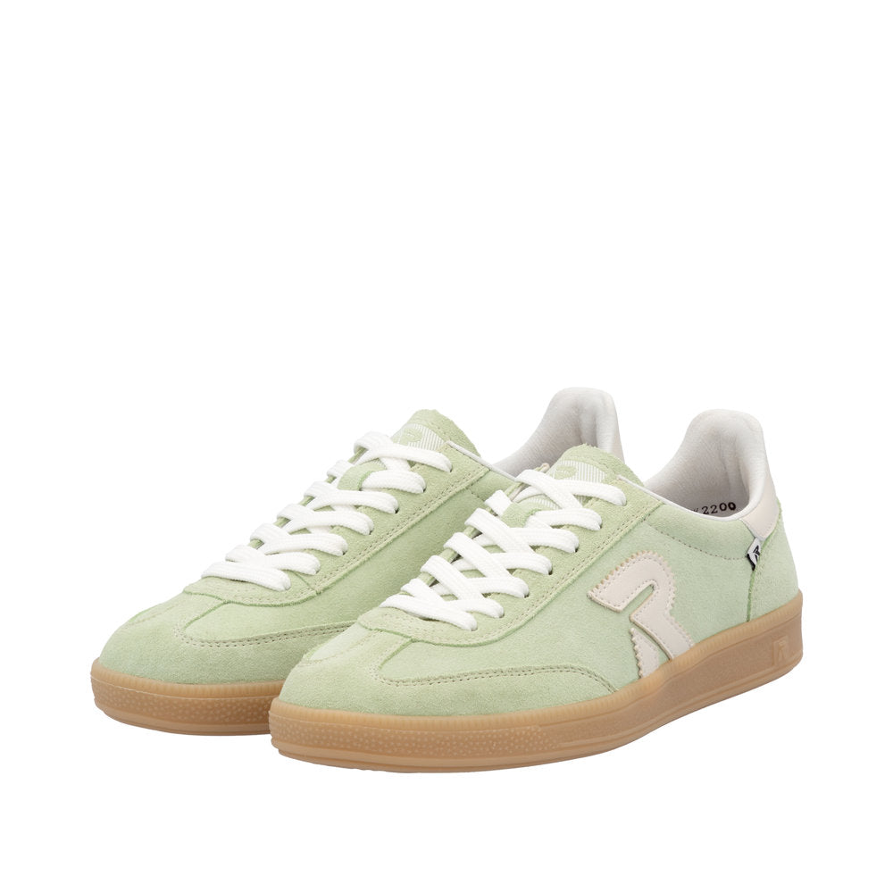 Rieker W2200-52 women's wide fit green and off-white suede lace-up trainers with gum sole.