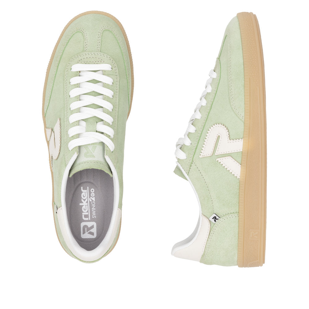 Rieker W2200-52 women's wide fit green and off-white suede lace-up trainers with gum soles.