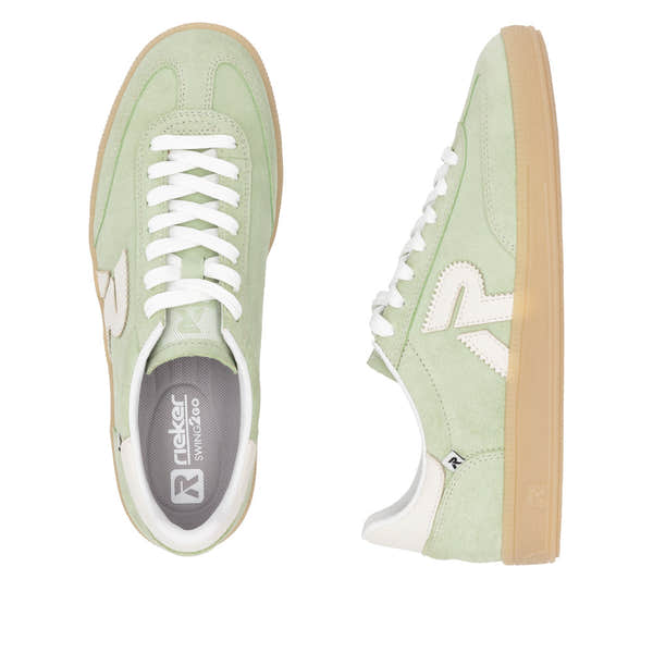 Rieker W2200-52 women's wide fit green and off-white suede lace-up trainers with gum soles.