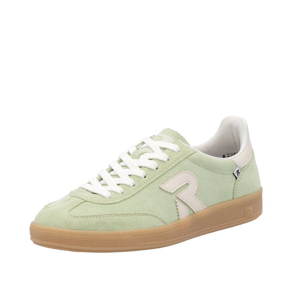 Rieker W2200-52 women's wide-fit green off-white suede lace-up trainers with rubber sole.