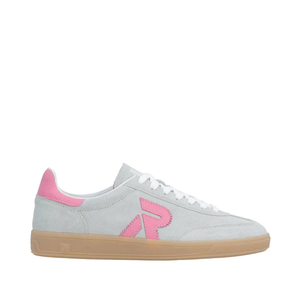 Rieker W2200-53 women's wide mint green suede lace-up trainers with pink embroidered logo and beige rubber sole.