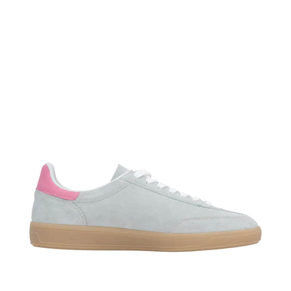 Rieker W2200-53 women’s wide mint green suede lace-up trainers with beige rubber soles and pink heel detail.