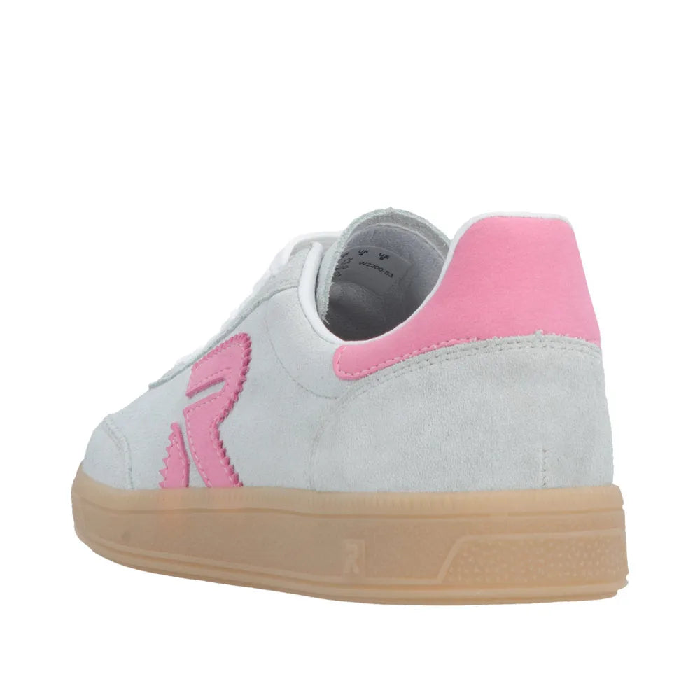 Rieker W2200-53 ladies wide mint green suede lace-up trainer with pink accents and beige rubber sole.