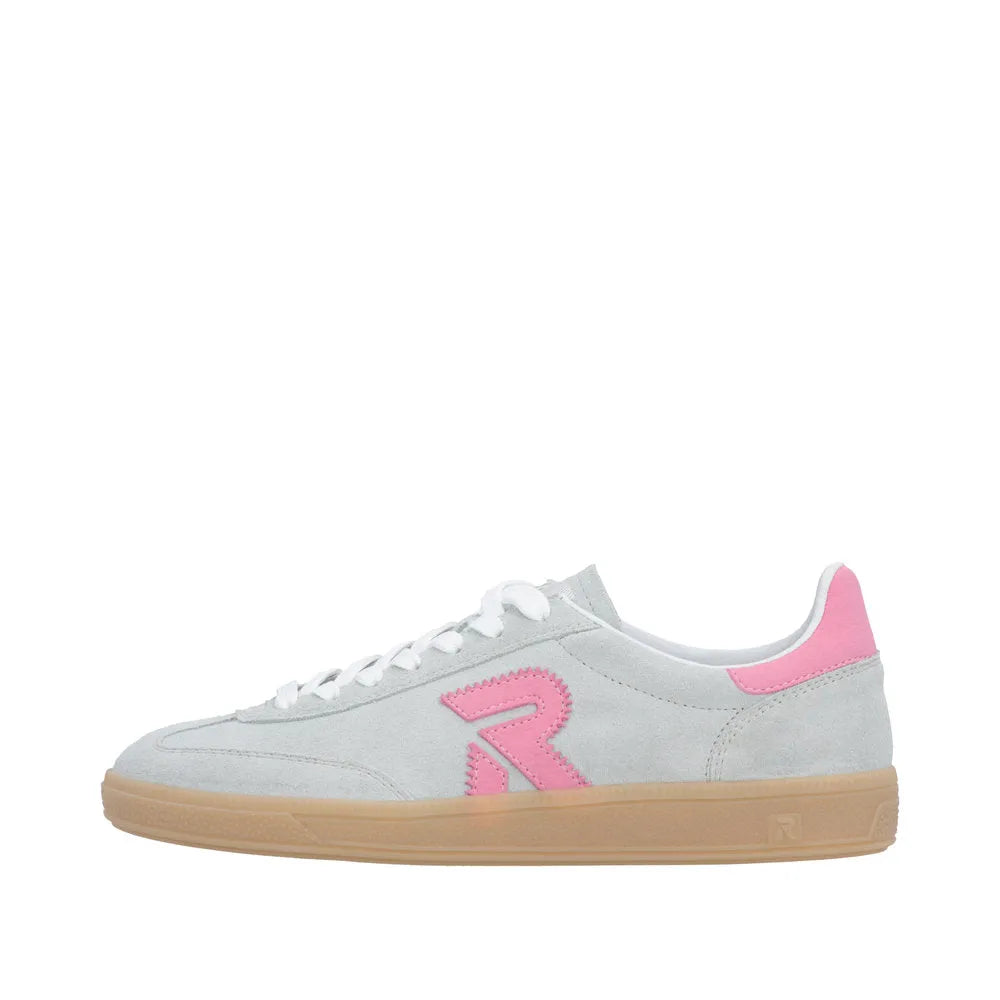 Rieker W2200-53 ladies wide mint green suede lace-up trainers with pink accents and a beige gum sole.