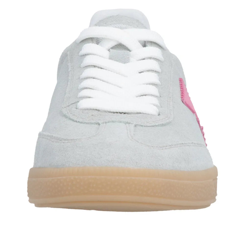 White suede lace-up trainers with pink side detail and beige rubber sole.