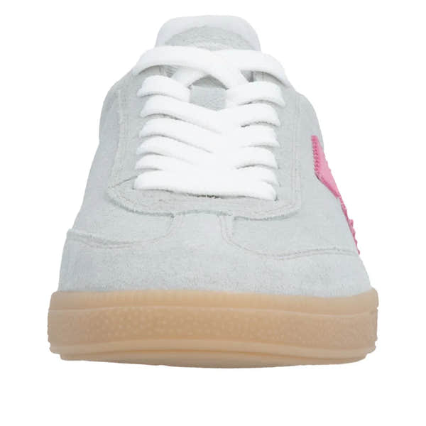 White suede lace-up trainers with pink side detail and beige rubber sole.