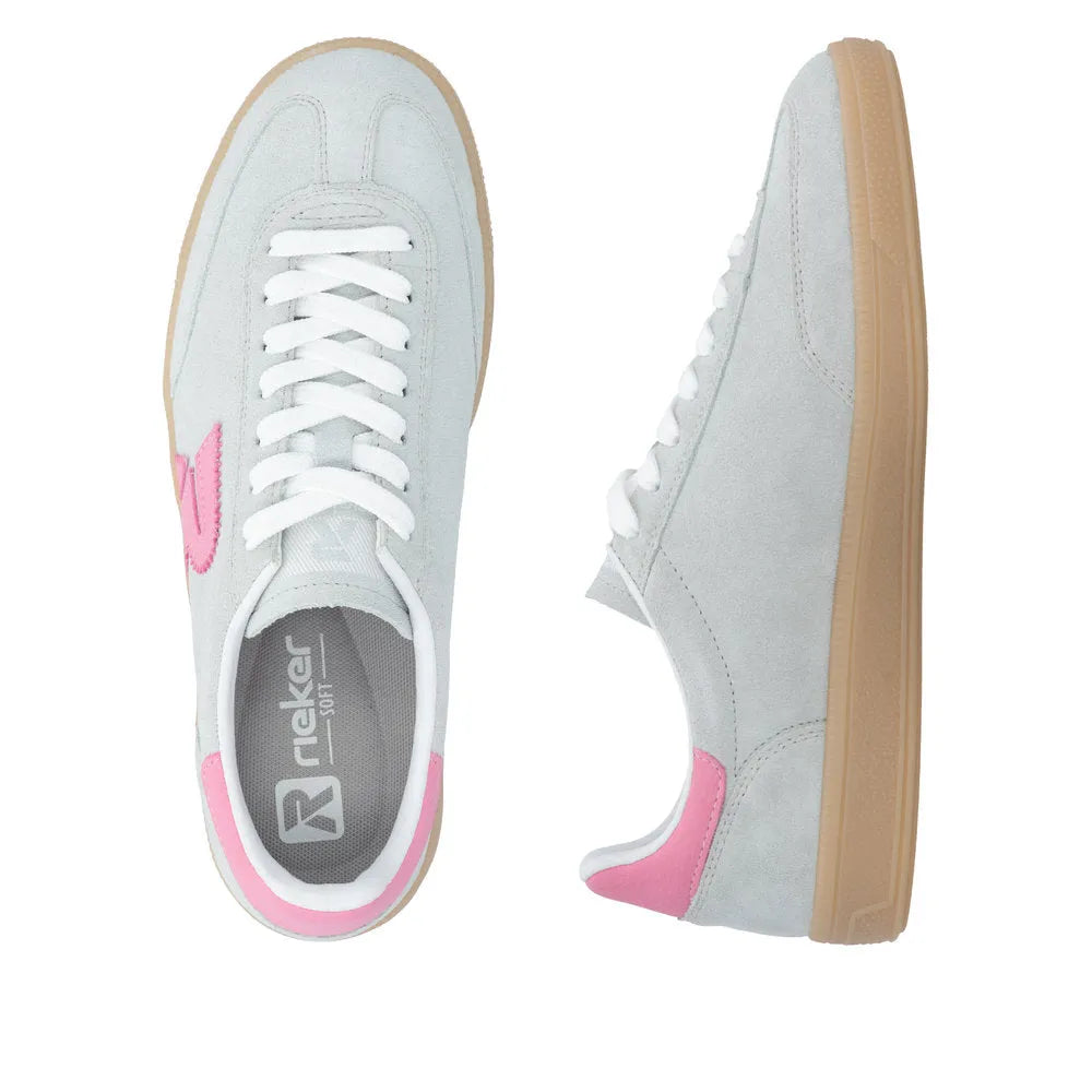 Rieker W2200-53 ladies wide mint green suede lace-up trainers with beige rubber soles and pink accents.