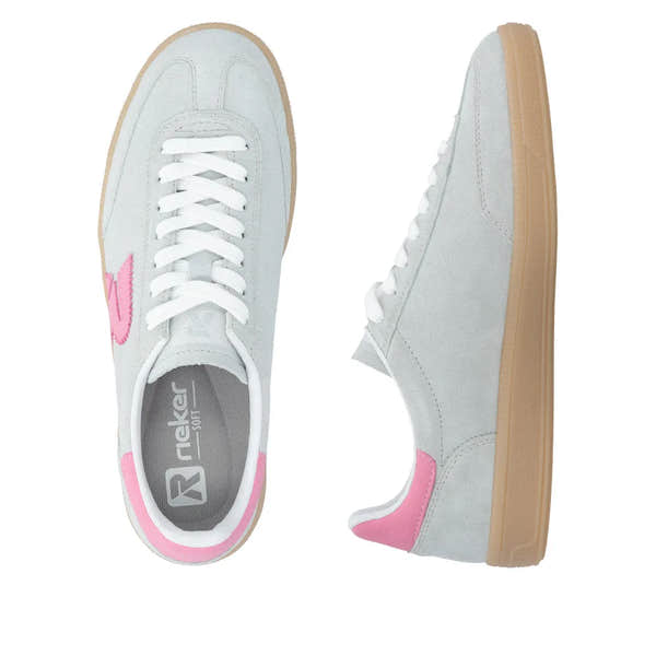 Rieker W2200-53 ladies wide mint green suede lace-up trainers with beige rubber soles and pink accents.