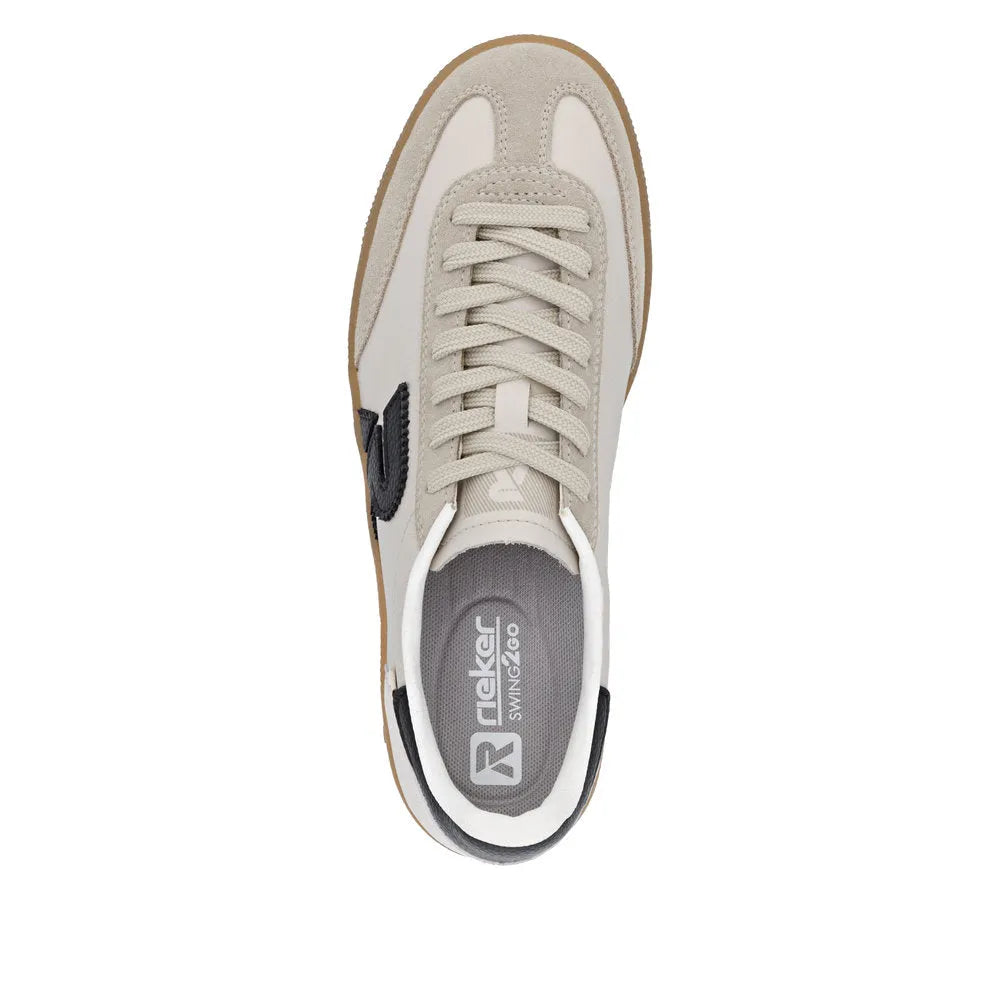 Rieker W2200-60 Ladies Wide Beige Suede Lace-Up Trainers with cushioned insole and sporty design.