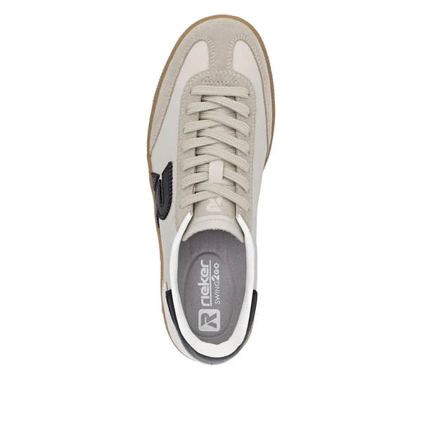 Rieker W2200-60 Ladies Wide Beige Suede Lace-Up Trainers with cushioned insole and sporty design.