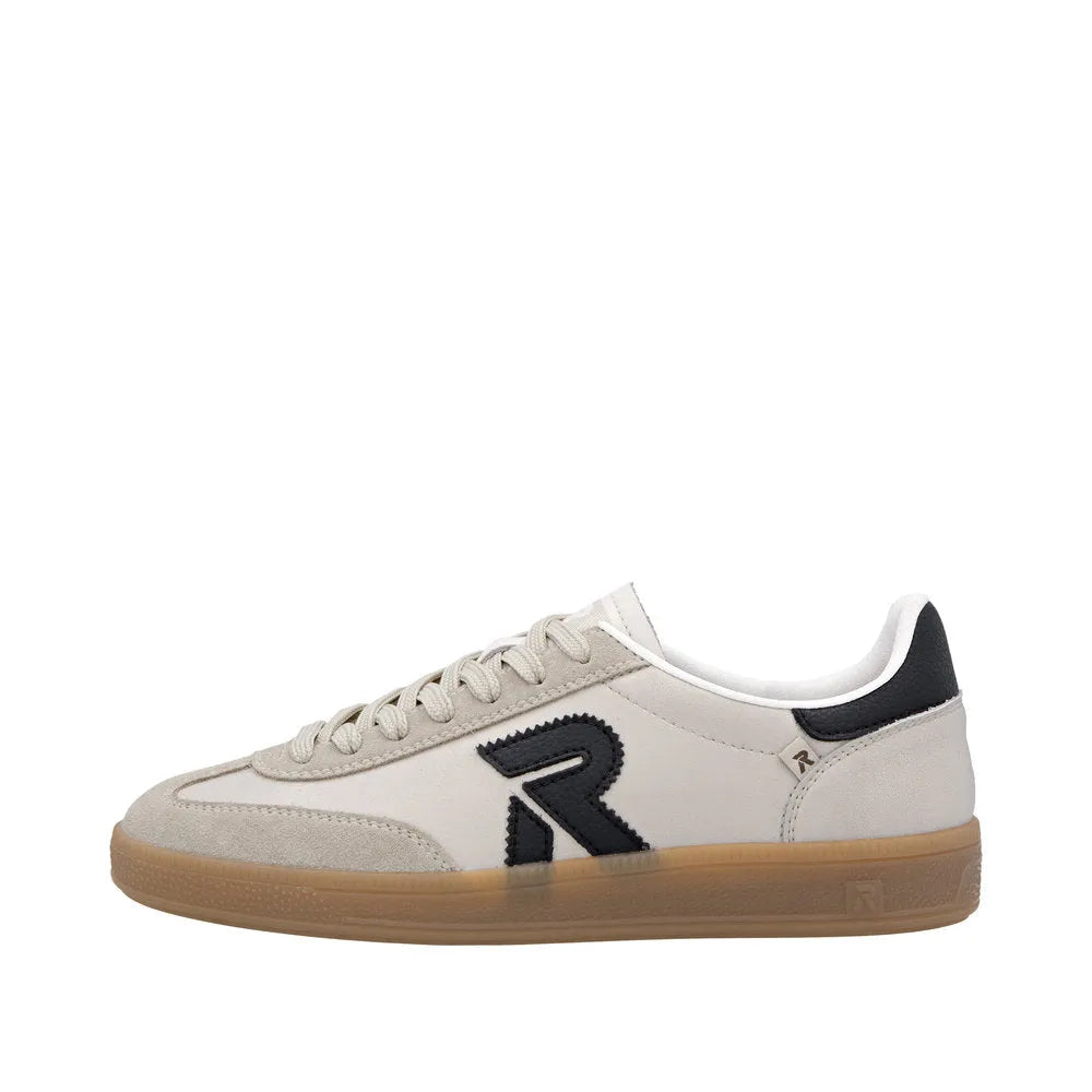 Rieker W2200-60 women's beige wide suede lace-up trainers with black logo and gum sole.