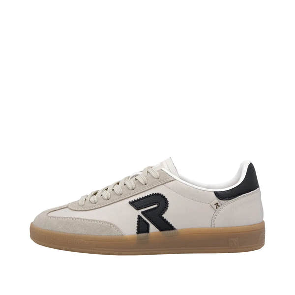 Rieker W2200-60 women's beige wide suede lace-up trainers with black logo and gum sole.