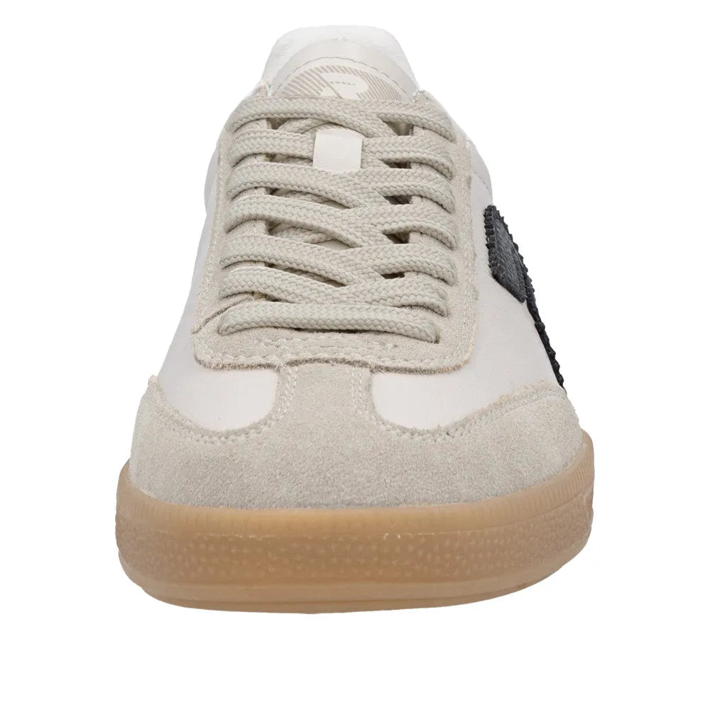 Rieker W2200-60 Damen breite beige Wildleder-Sneaker mit Schnürsenkeln, flacher Gummisohle, bequemer Freizeit- und Alltagslaufschuh.
