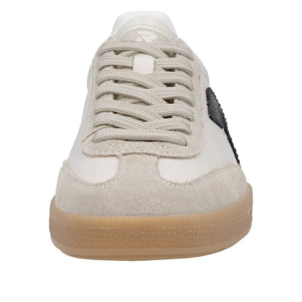 Rieker W2200-60 Damen breite beige Wildleder-Sneaker mit Schnürsenkeln, flacher Gummisohle, bequemer Freizeit- und Alltagslaufschuh.