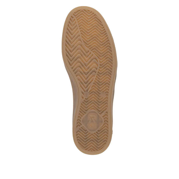 Rieker W2200-60 Ladies wide beige suede lace-up trainers with textured sole and slip-on design.