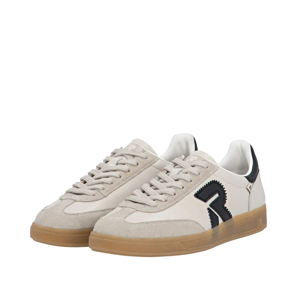 Rieker W2200-60 beige ladies wide fit suede lace-up trainers with black logo details and gum sole.