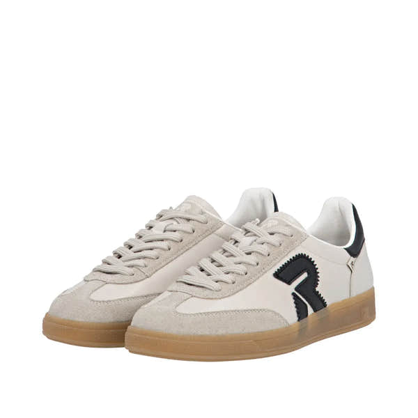 Rieker W2200-60 beige ladies wide fit suede lace-up trainers with black logo details and gum sole.