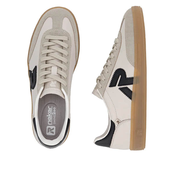 Rieker W2200-60 women's wide beige suede lace-up trainers with black logo and gum sole.