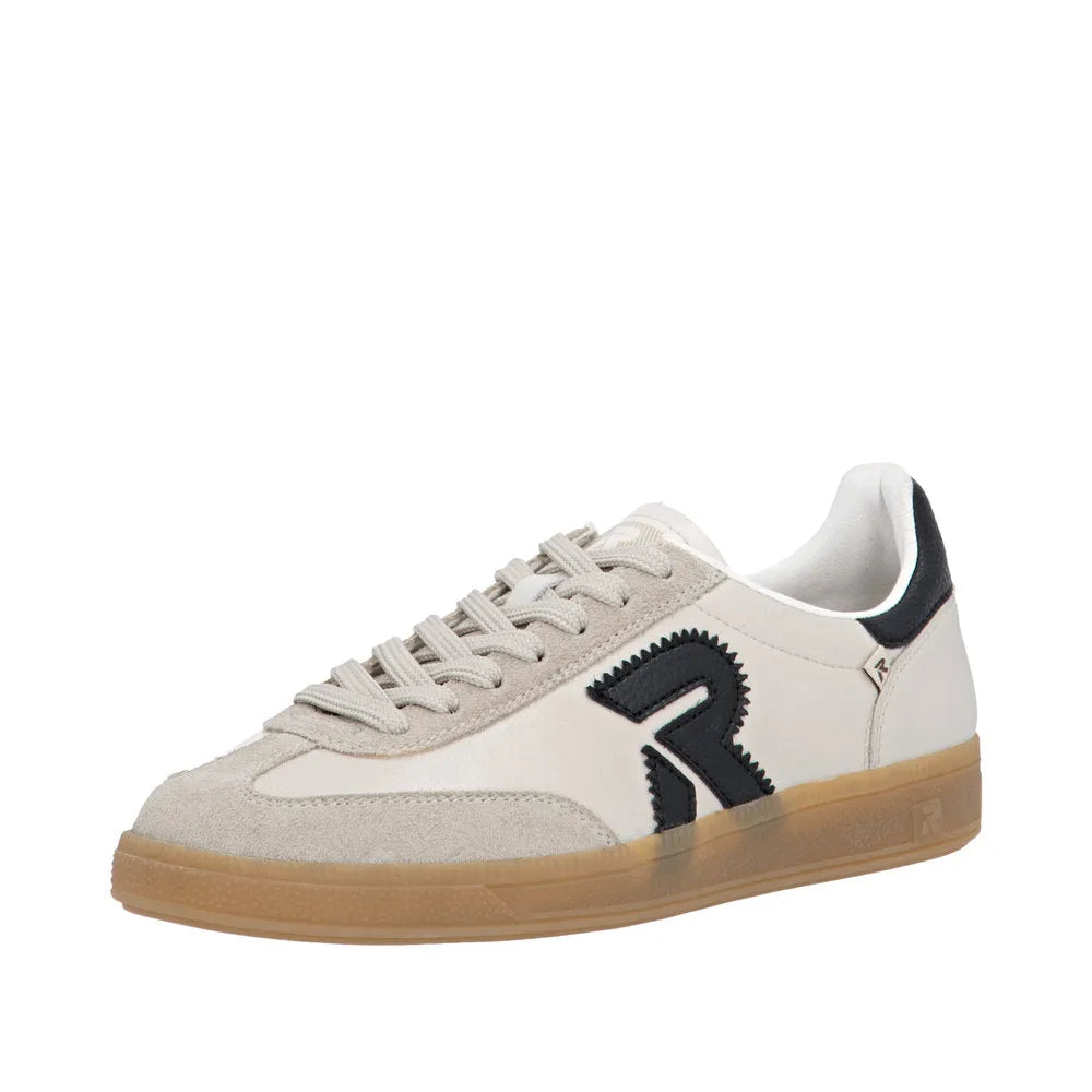 Rieker W2200-60 women's wide beige suede lace-up trainers with black logo detail and gum rubber sole.