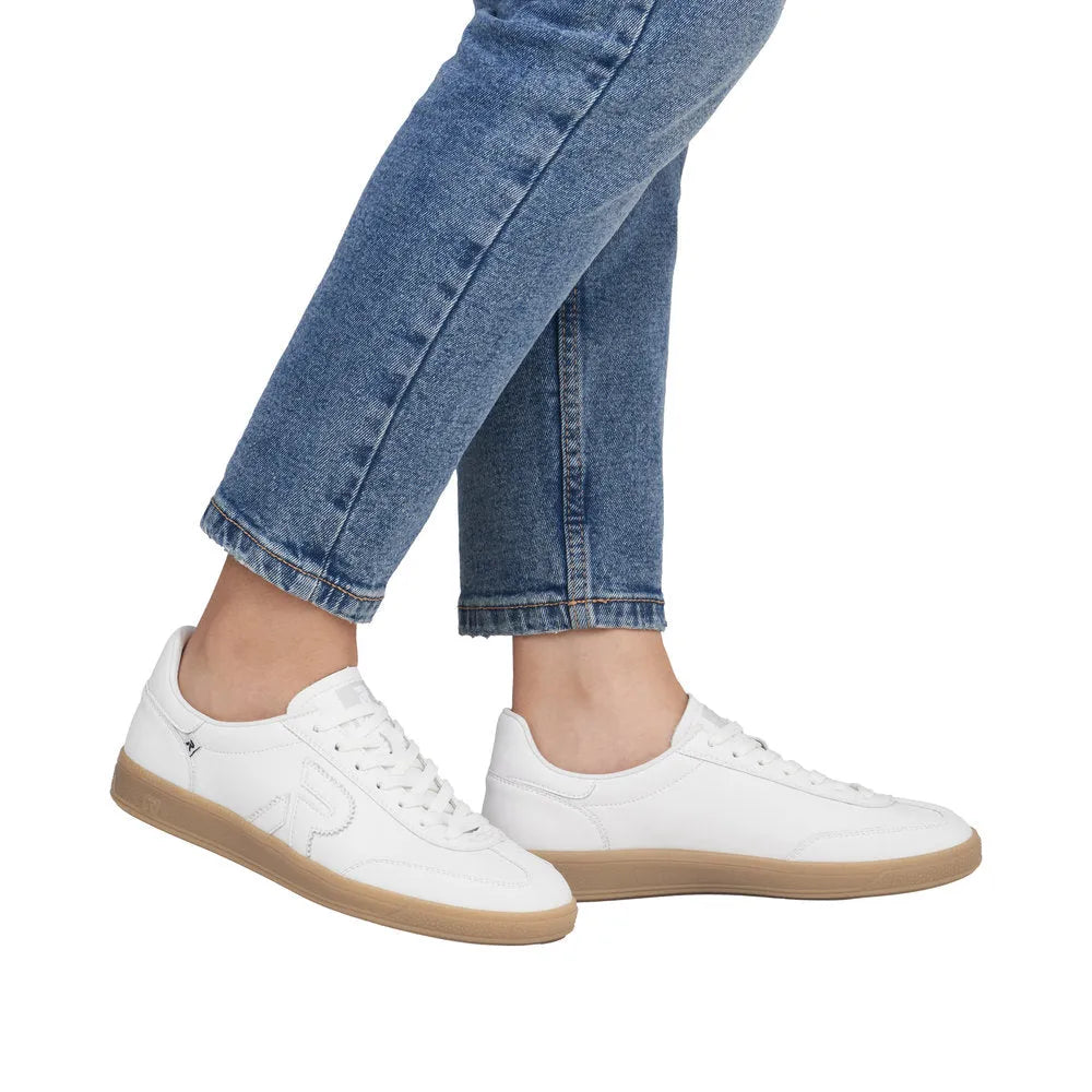 Rieker W2200-80 ladies wide white suede lace-up trainers with beige rubber sole, casual and comfortable footwear.
