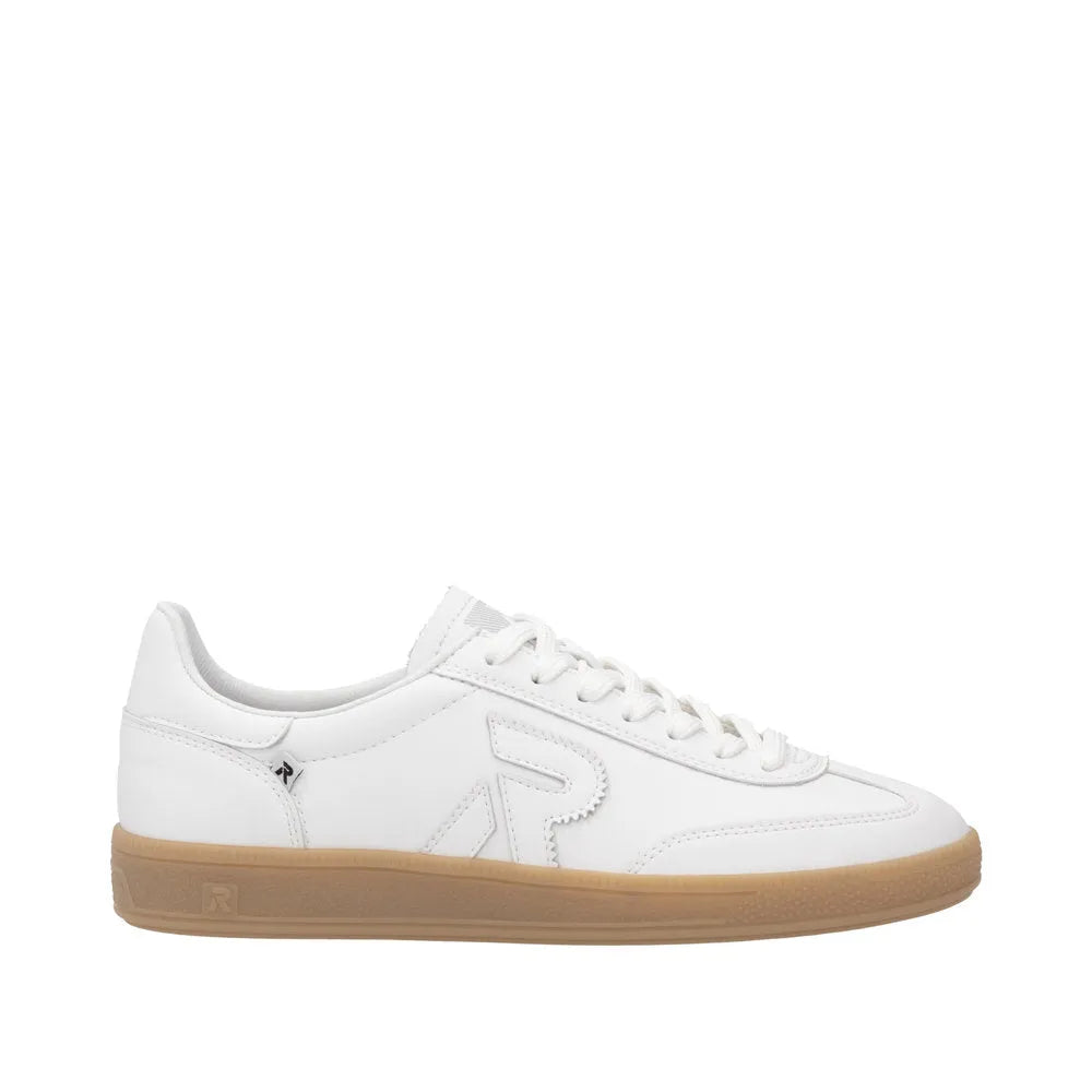 Rieker W2200-80 ladies' white suede lace-up trainers with wide fit and gum rubber sole.