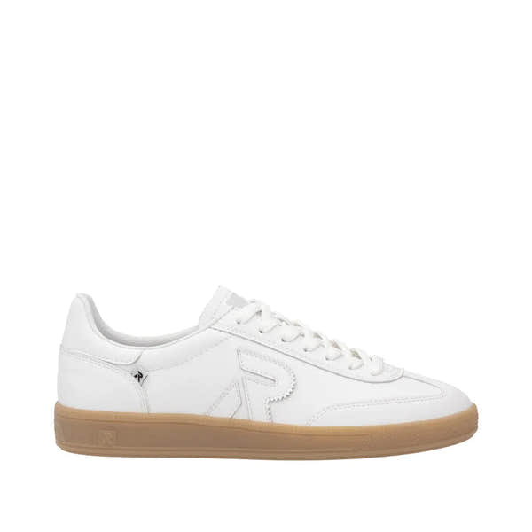 Rieker W2200-80 ladies' white suede lace-up trainers with wide fit and gum rubber sole.